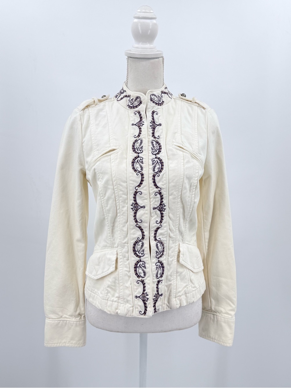 Zara TRF Cream Cotton Embroidered Paisley Military Band Jacket Women’s Sz S NWT